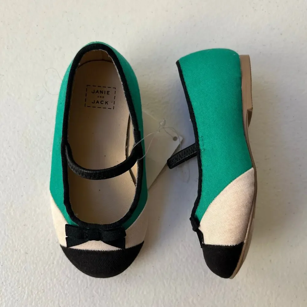 Janie and Jack Mary Jane Ballet Flats Little Girls Size 4 Green Black Bow NEW